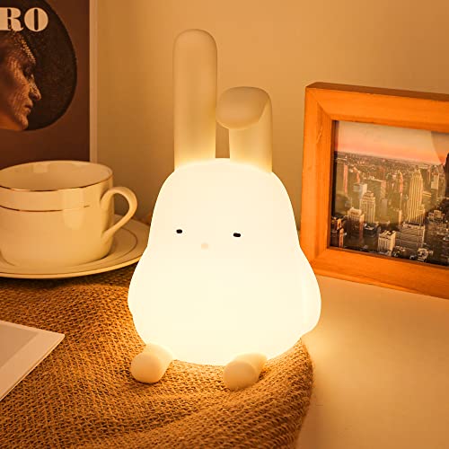 QANYI Table Decor Bunny Lamp, Cute Simple Design Small Desk Decor Nightlight with Bunny Phone Stand, Soft Lovely Rabbit LED Squishy Light Up Bunny, Bedside Kawaii Lamp for Women Teens Kids Gift - Long Ear Rabbit