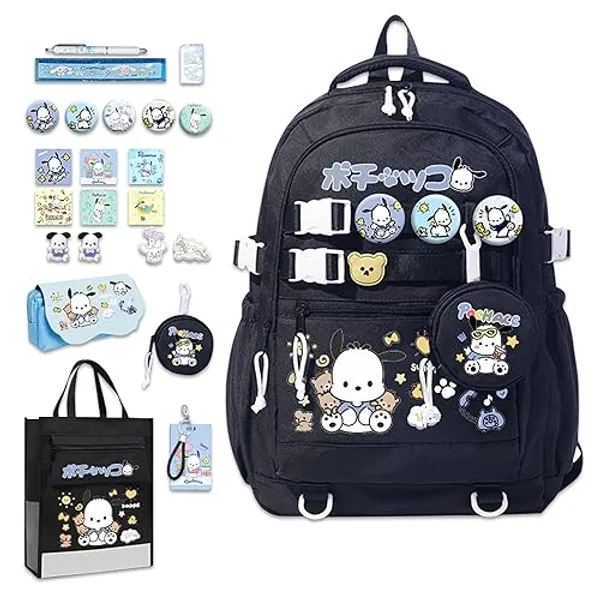 Roffatide Anime Pochacco Kawaii Backpack with 12 Pcs Accessories Cartoon Travel Aesthetic New Semester Gifts Bag with Cute Pins Anti-Theft Laptop Backpack Travel Hiking Daypacks Rucksack Black - D