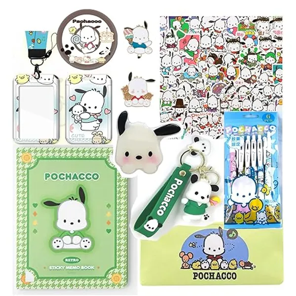 SMAROICE Cute Pochac School Supplies Set Kawaii Office Supplies Gift Set Including Gel Ink Roller Pens Stickers Pencil Case ID Badge Stickers Button Pins Key Chain Phone Ring Holder