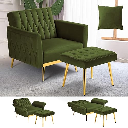 ACMEASE Velvet Accent Chair w/Adjustable Armrests and Backrest, Button Tufted Lounge Chair, Single Recliner Armchair with Ottoman and Pillow for Living Room, Bedroom,Olive Green - Olive Green