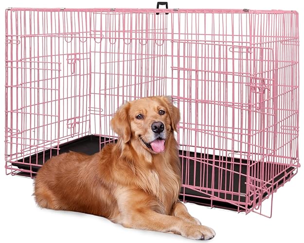 BestPet 24,30,36,42,48 Inch Dog Crates for Large Dogs Folding Mental Wire Crates Dog Kennels Outdoor and Indoor Pet Dog Cage Crate with Double-Door,Divider Panel, Removable Tray (Pink, 48") - Pink - 48"