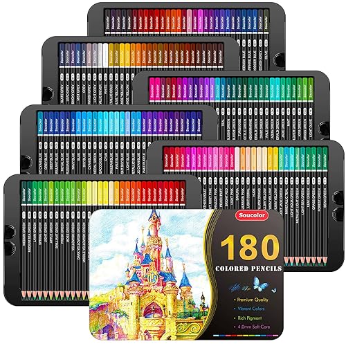 Soucolor 180-Color Artist Colored Pencils Set for Adult Coloring Books, Soft Core, Professional Numbered Art Drawing Pencils for Sketching Shading Blending Crafting, Gift Tin Box for Beginners Kids - 180 Colors with Tin Box