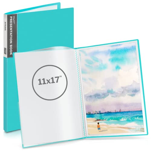 Dunwell 11x17 Portfolio Binder Folder (Aqua, Vertical) - Binder with Plastic Sleeves and Poly Cover, Portfolio Presentation Book with 24 Binder Pockets, Large Art Portfolio Folder for Kids - Aqua - 11x17" Vertical