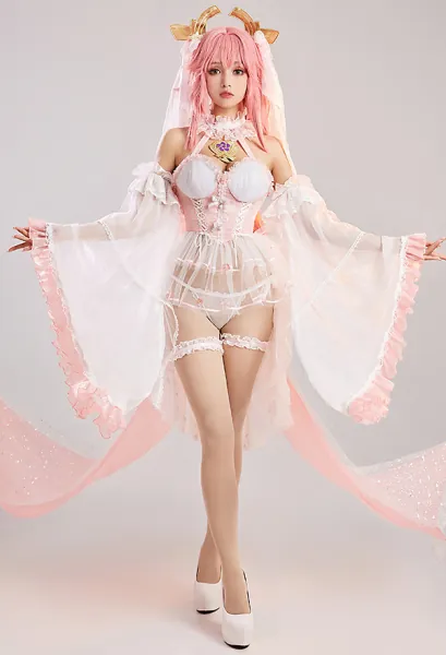 Yae Miko Derivative Wedding Suit Sexy Lingerie Bride Corset Top and Thong with Big Sleeves and Veil
