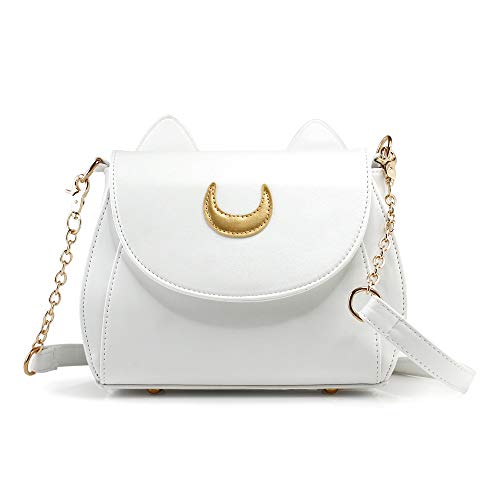 Oct17 Moon Luna Design Purse Kitty Cat satchel shoulder bag Designer Women Handbag Tote PU Leather Sailer Style - White