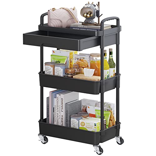 Calmootey 3-Tier Rolling Utility Cart with Drawer,Multifunctional Storage Organizer with Plastic Shelf & Metal Wheels,Storage Cart for Kitchen,Bathroom,Living Room,Office,Black - 3-Tier - Black