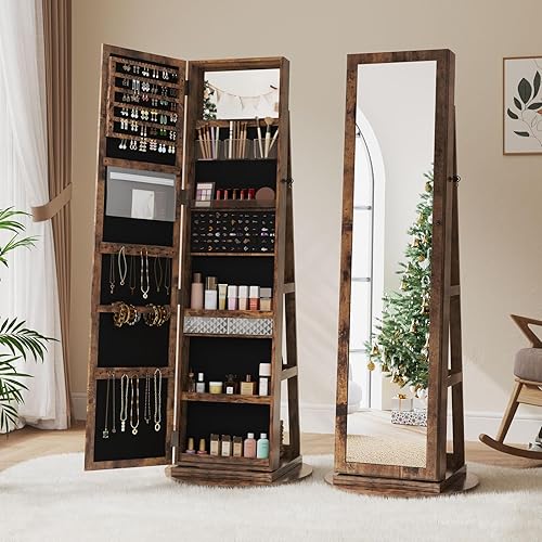 Dripex 360° Swivel Jewelry Storage Cabinet Mirror, 3 in 1 Lockable Jewellery Armoire with Storage Shelf, Free Standing Mirror Jewelry Organiser (Rustic Brown) - Rustic Brown｜360° Swivel