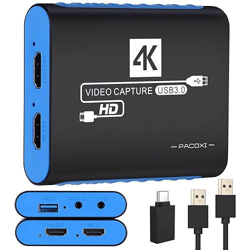 Capture Card for OBS Twitch Game Live Streaming and Recording with 4K Pass-Through,USB3.0 1080P 60FPS HDMI Capture Cam Link for Switch,PS4/5,Xbox,DSLR,Compatible with Windows/Mac - Blue