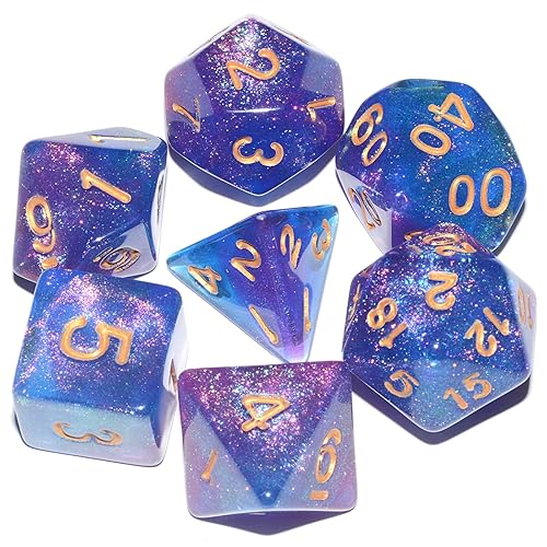 Galaxy DND Dice 7Pieces, Glitter Sparkle Cosmic Purple Blue Mixed Polyhedral DND Dice for RPG MTG Table Game Dice - Glitter Purple Blue