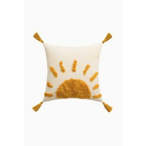Sun Graphic Tassel Pillow Cover by Faz - Chartreuse/White / One Size
