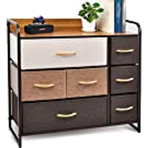 CERBIOR Drawer Dresser Closet Storage Organizer 7-Drawer Closet Shelves, Sturdy Steel Frame Wood Top with Easy Pull Fabric Bins for Clothing, Blankets - Mixture
