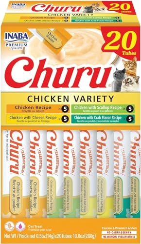 INABA Churu Cat Treats, Grain-Free, Lickable, Squeezable Creamy Purée Cat Treat/Topper with Vitamin E & Taurine, 0.5 Ounces Each Tube, 20 Tubes, Chicken Variety Box - Chicken Variety Box