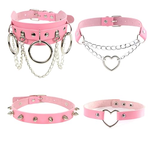 Dumcondy 4Pcs Halloween Cool Steampunk Love Heart Shaped Gothic Goth Punk Rock Rivet Spike Studded PU Leather Choker Collar Necklace Sets for Women Lady Girl Adjustable Cosplay Jewelry Night Club Party Costume Accessory Chocker Gift Black - Pink