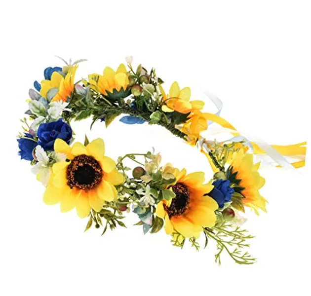 Floral Fall Sunflower Halo Wedding Crown Flower Girls Headband Birthday Party Headpiece FL-18 - Sunflower Blue