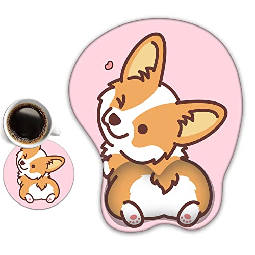 DINKY Ergonomic Mouse Pads, Mouse Pad with Wrist Rest, Non-Slip PU Base Corgi Anime Mousepads with Gel Support for Home, Office and Gaming, Easy Typing & Pain Relief-Cute Pink Corgi - Pink Corgi
