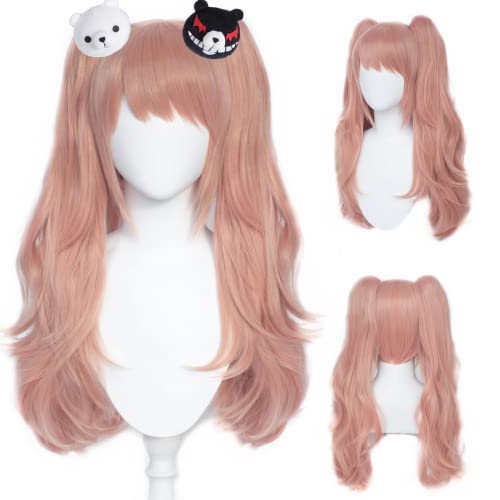 Linna Cosplay Wig Anime Pink Lolita Long Curly Wig With 2 Bears hair clips Halloween Party Synthetic Hair+ wig cap