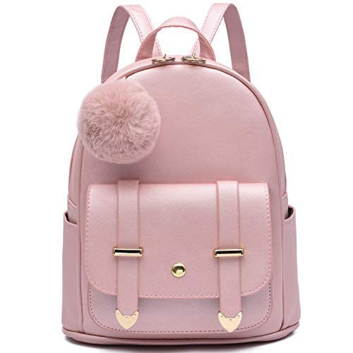 I IHAYNER Girls Fashion Backpack Mini Backpack Purse for Women Teenage Girls Purses PU Leather Pompom Backpack Shoulder Bag - Gold Pink