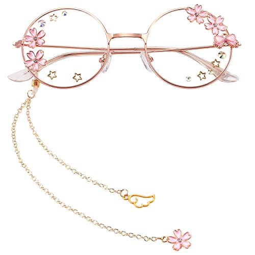 Dollger Retro Round Glasses Clear Lens Non-Prescription for Men Women Metal Frame - Pink Flower