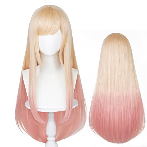 LABEAUTÉ Long Blonde Pink Wig for Girls Women Cosplay Wig Anime Straight Hair with Bangs for Halloween Party with Cap (Ombre Blonde Pink) - Ombre Blonde Pink