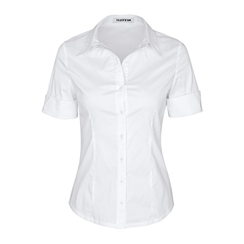 Womens Tailored Short Sleeve Basic Simple Button-Down Shirt Stretchy Long Sleeve, 3/4 Sleeve Shirts Top - X-Large - White