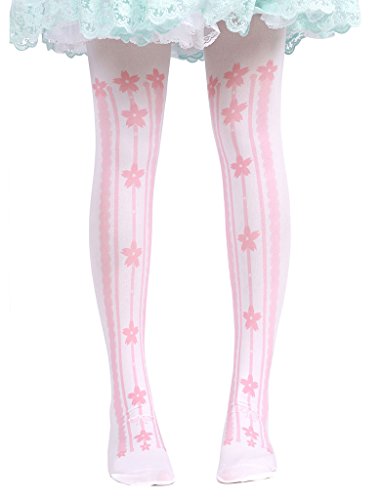 Hugme Womens sweet pink flowers stripped print lolita thigh-high stockings