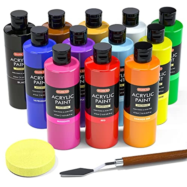 Shuttle Art Acrylic Paint, 12 Colors Acrylic Paint Large Bottle Set, 473ml/16oz Each, Rich Pigments, High Viscosity, Bulk Paint for Artists, Beginners and Kids on Rocks Crafts Canvas Wood Ceramic