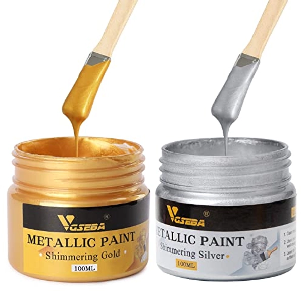 Acrylic Paint Metallic Gold and Silver,200ml Gold Leaf Paint for Art, Painting, Handcrafts,Ideal for Canvas Wood Clay Fabric Ceramic Craft Supplies,Non Toxic,Non Fading