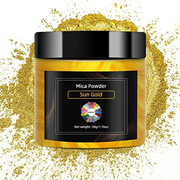 NTWJNJY Sun Gold Mica Powder, Natural Shimmer Mica Powder for Epoxy Resin/Candle/Soap/Lip Gloss/Slime/Bath Bombs/Quicksand.Car Paint pigments.Candle Dye,Soap Making Dye,Resin dye.(50g/1.7oz)