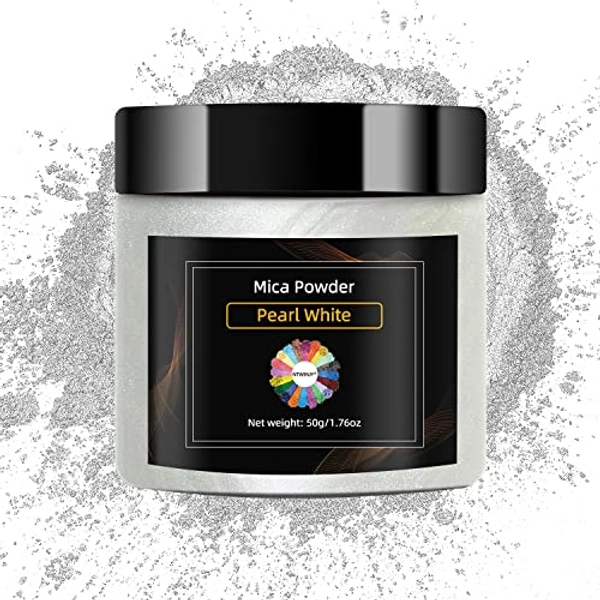 NTWJNJY Pearl White Mica Powder, Natural Shimmer Mica Powder for Epoxy Resin/Candle/Soap/Lip Gloss/Slime/Bath Bombs/Quicksand/Car Paint pigments.Candle Dye,Soap Making Dye(50g/1.7oz)