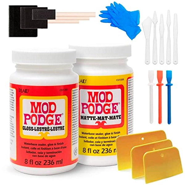 Mod Podge Bundle, 8 Ounce Gloss and Matte Medium Waterproof Sealer, Pixiss Accessory Kit with Foam Brushes, Gloves, Glue Spreaders and More 8oz