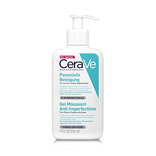 CeraVe Porentiefe Reinigung für das Gesicht, Schäumendes Reinigungsgel gegen Pickel, Für unreine und zu Akne neigender Haut, Mit Tonerde und Niacinamid, 1 x 236 ml - 236.00 ml (1er Pack)