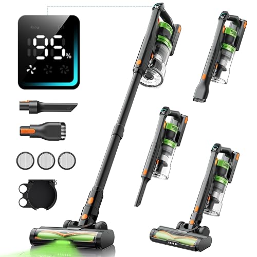 SunSare X11 Cordless Vacuum Cleaner, 550W/45Kpa/60Mins Cordless Vacuums with Green Headlights, Fragrance Vacuum Cleaners with Wall Mount, Anti-Tangle Rollor, Stick Vacuums for Carpet Hard Floor