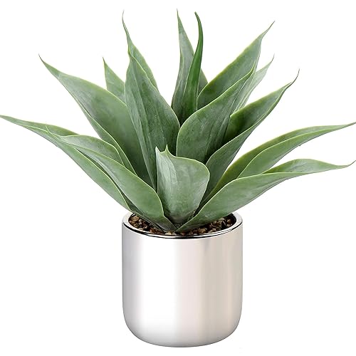 Large Agave Plant Artificial Succulent 13" Fake Aloe Vera Plant in Pot Faux Agave Plants Realistic Artificial Potted Plants for Living Room Table Bathroom Shelf Office Desk Home Indoor Decor (Silver) - Agave -Silver