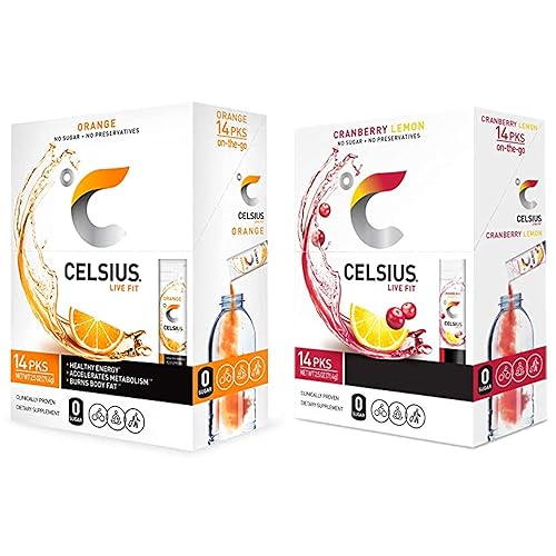 CELSIUS On-the-Go Powder Stick, Combo Pack of Orange and Cranberry Lemon, 14 Pieces Assortment - cranberry - 14 Servings (Pack of 1)