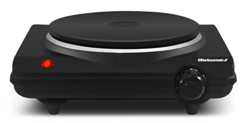 Elite Gourmet ESB-301BF# Countertop Single Cast Iron Burner, 1000 Watts Electric Hot Plate, Temperature Controls, Power Indicator Lights, Easy to Clean, Black - Cast Single