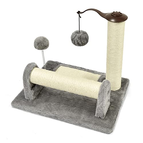 Petellow Cat Scratching Post and Pad, Cat Scratching Posts for Indoor Cats, Natural Sisal-Covered Cat Scratch Post and Pads with Cat Play Ball, Cat Scratcher for Kittens and Cats-Grey