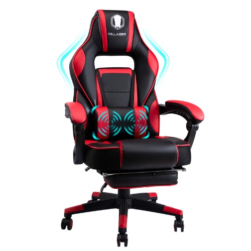 Massage Gaming Chair High Back PU Leather PC Racing Computer Desk Office Swivel Recliner with Retractable Footrest and Adjustable Lumbar Support, Red/Black - Red