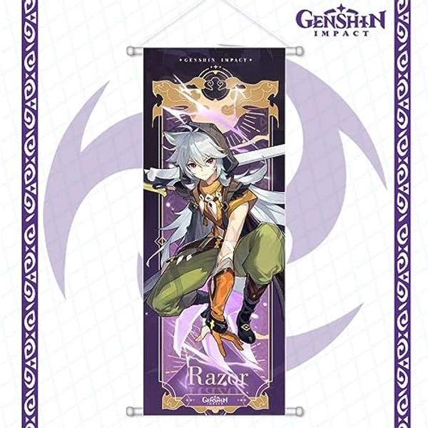 Rainteam Genshin Impact Poster Game Hanging Wall Art Artistic Canvas Genshin Character Posters with Rods for Living Room Bedroom Decor(27.5 inch x 10 inch) (Razor)