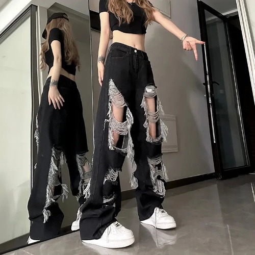 'Recall' Black Grunge Ripped Tassel Pants - black / XXL