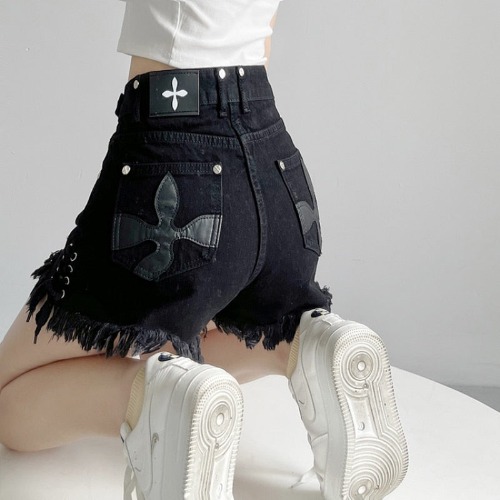 'Liar Liar' Black Grunge Tassel Denim Shorts - Black / XXXL(73-80kg)