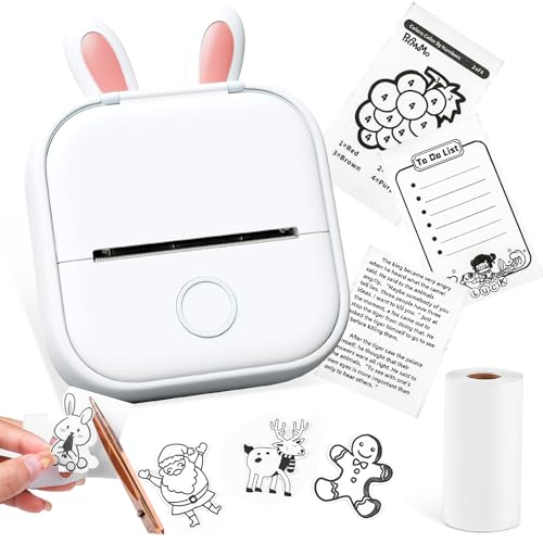 Memoking Mini Printer - T02 Bluetooth Inkless Printer, Small Thermal Pocket Sticker Printer, Portable Mobile Phone Picture Receipt Printer, for Student, White (Bunny Case Not Included) - White