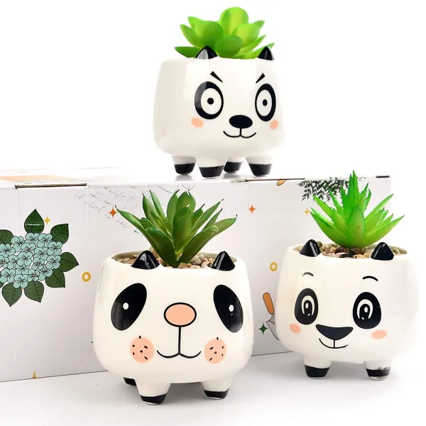 3 Pack Small Artificial Succulents Potted with White Ceramic Porcelain Panda Pots with Fake Plants Gift Set for Home Shelf and Office DecorDecor