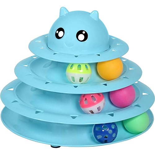 UPSKY Cat Toy Roller 3-Level Turntable Cat Toys Balls with Six Colorful Balls Interactive Kitten Fun Mental Physical Exercise Puzzle Kitten Toys - A-Blue