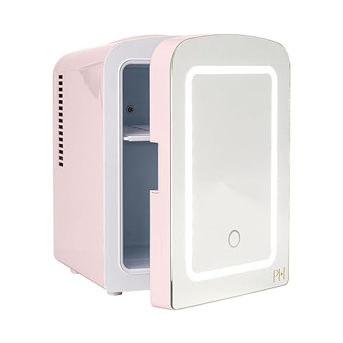 Paris Hilton Mini Refrigerator and Personal Beauty Fridge, Mirrored Door with Dimmable LED Light, Thermoelectric Cooling and Warming Function for All Cosmetics and Skincare Needs, 4-Liter, Pink - 4-Liter - Pink