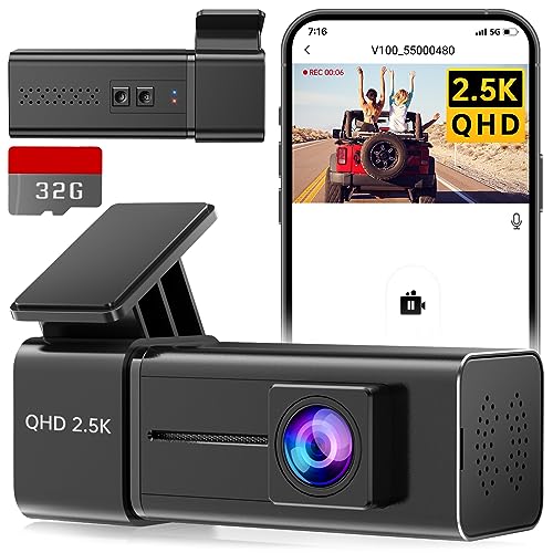 Dash Cam WiFi 2.5K 1440P Front Dash Camera for Cars, E-YEEGER Car Camera Mini Dashcams with App, Night Vision, 24H Parking Mode, G-Sensor, Loop Recording, Free 32G Card, Support 256GB Max - Black - V100-2