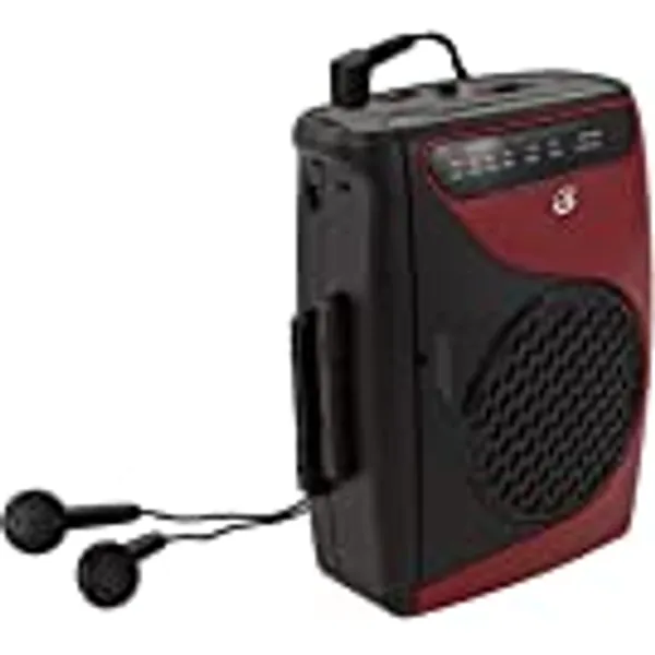 GPX Portable Cassette Player, 3.54 x 1.57 x 4.72 Inches, Requires 2 AA Batteries - Not Included, Red/Black (CAS337B) Black/Red