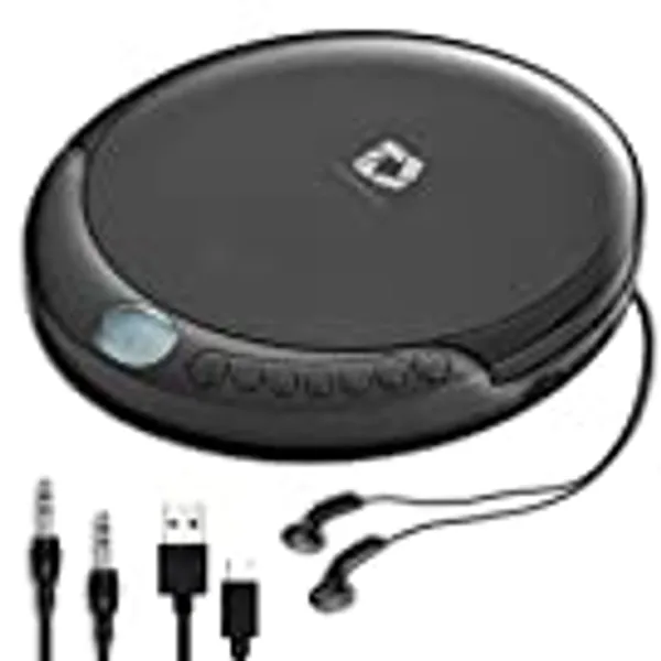 Deluxe Products CD Player Portable with 60 Second Anti Skip, Stereo Earbuds, Includes Aux in Cable and AC USB Power Cable for use at Home or in Car