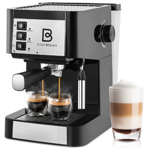 CASABREWS 20 Bar Espresso Machine, Professional Espresso Coffee Maker with Milk Frother Steam Wand, Compact Cappuccino Machine and Espresso Maker with 50 oz Water Tank for Latte, Gift for Men or Women - Black and Silver Button