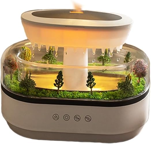 Rain Cloud Aromatherapy Diffuser Air Humidifiers Water Drip,Micro Landscape Essential Oils Ultrasonic Diffuser Flame for Sleeping and Relaxing (White Grey)