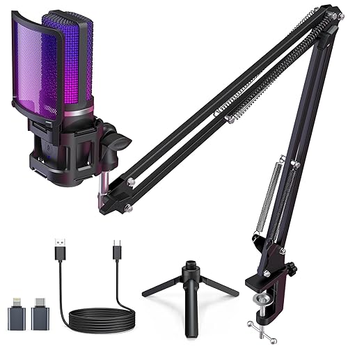 ZealSound Gaming USB Microphone,Noise Cancellation Condenser mic,RGB Microphone with Mute,Gain,Monitoring,Boom Arm,Pop Filter for Phone,PC,Computer,PS4,PS5,Mac,Streaming,Podcast,Twitch,YouTube,Discord - RGB Microphone